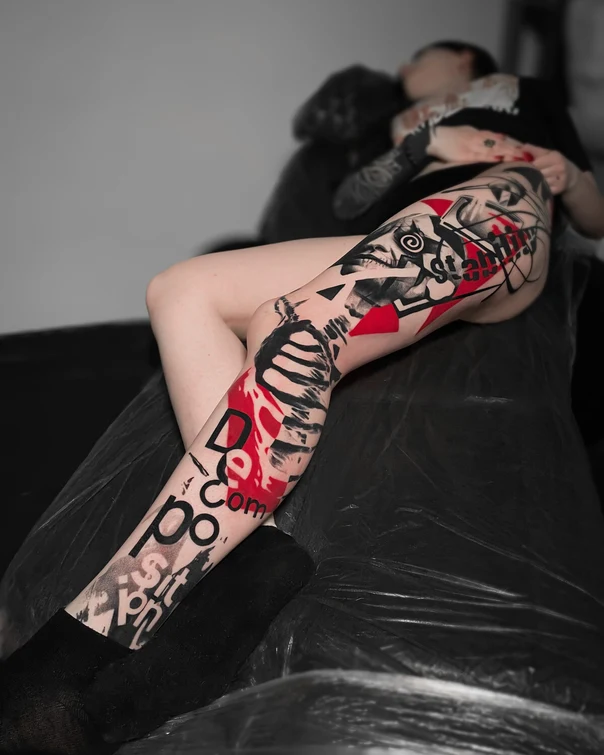 Abstract Geometric, Text tattoo on Full leg