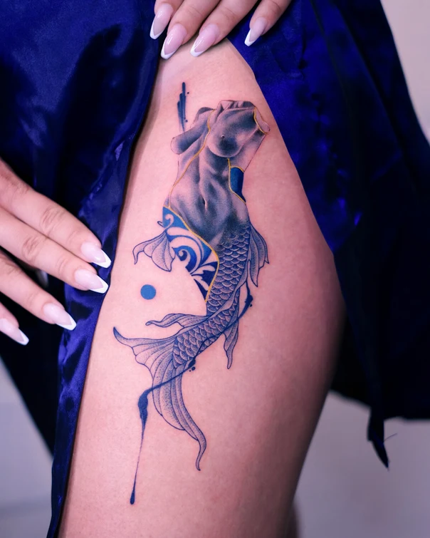 Illustrative Fish, Statue tattoo on Thigh