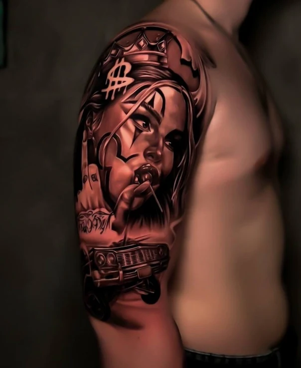 Chicano Clown, Car tattoo on Full Sleeve