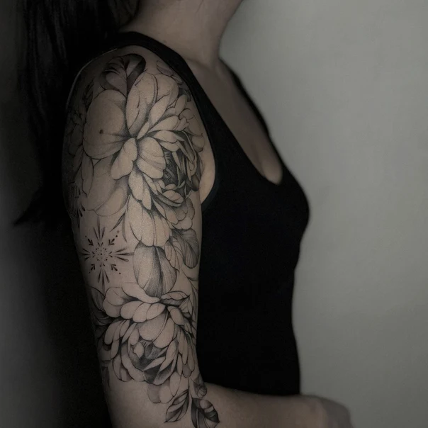 Botanic Flowers, Leaves tattoo on Full Sleeve