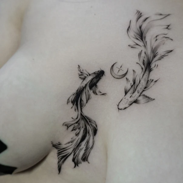 Fineline Fish, Moon tattoo on Chest