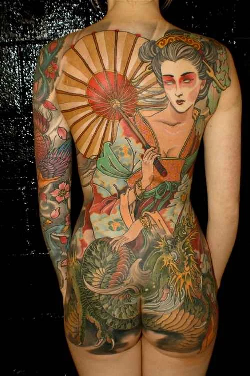 Japanese Geisha, Dragon tattoo on Full Back