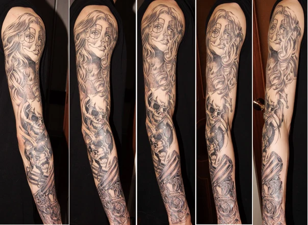Chicano Woman, Skull tattoo on Full Sleeve