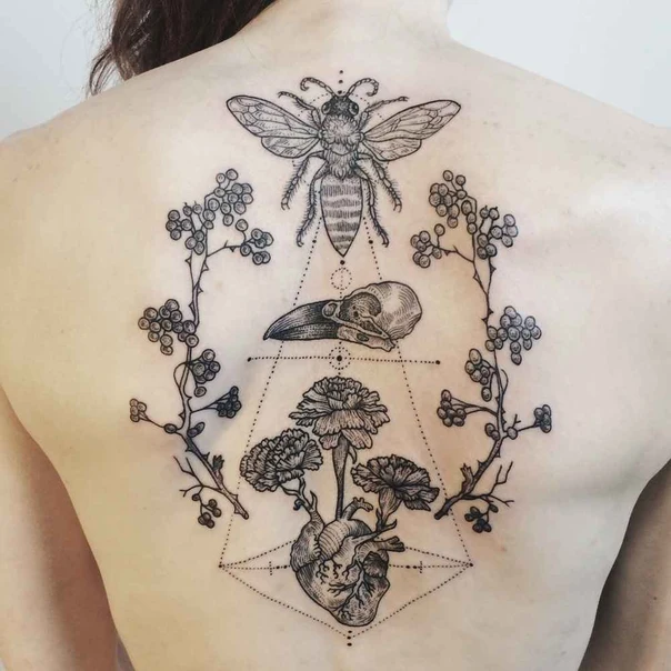 Linework Bee, Skull tattoo on Upper Back