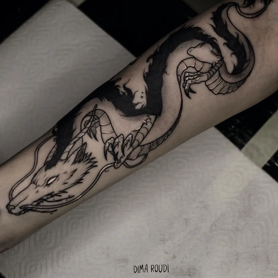 Tattoo artist Dima Roudi, black author's style graphics tattoo | Moscow, Russia