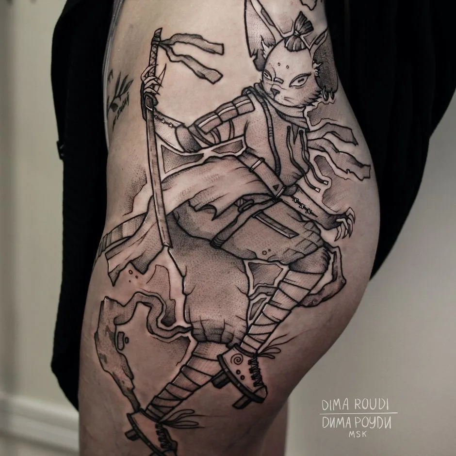 Tattoo artist Dima Roudi, black author's style graphics tattoo | Moscow, Russia