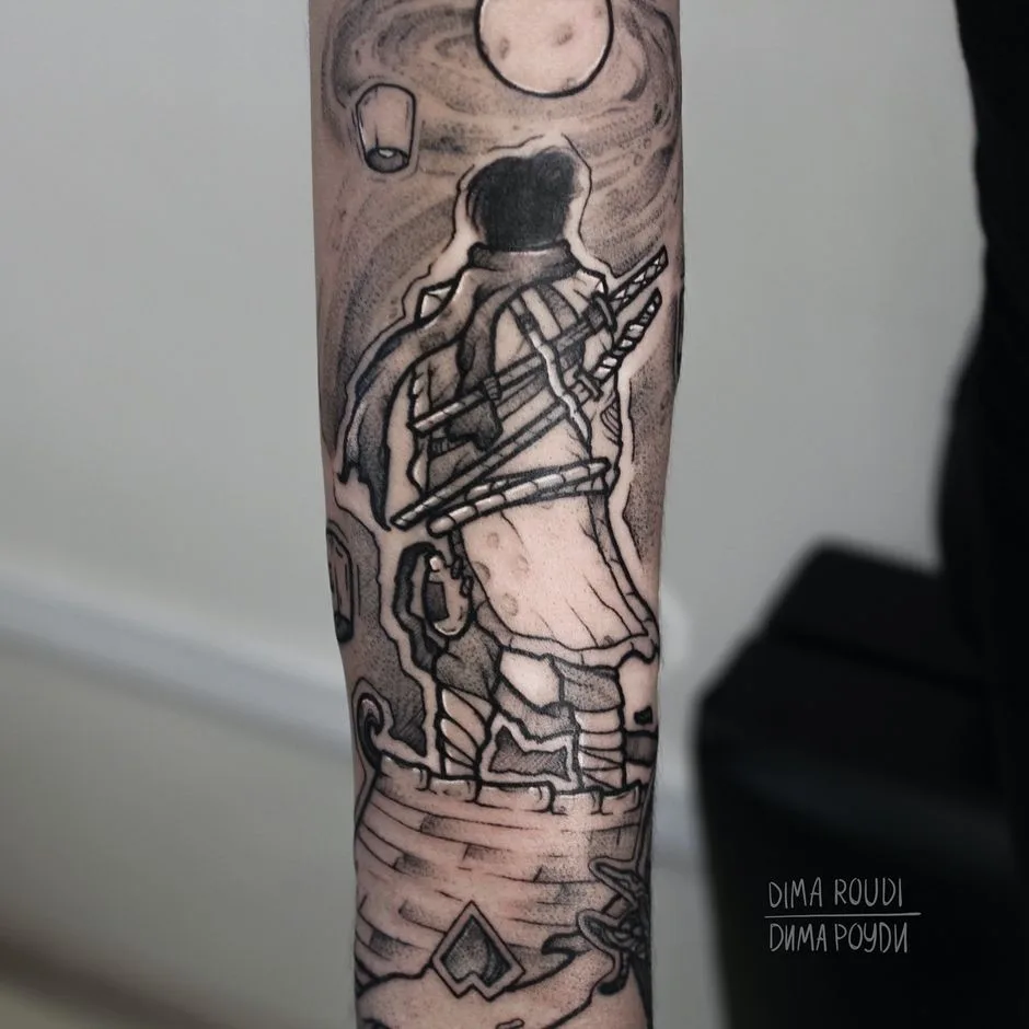 Tattoo artist Dima Roudi, black author's style graphics tattoo | Moscow, Russia