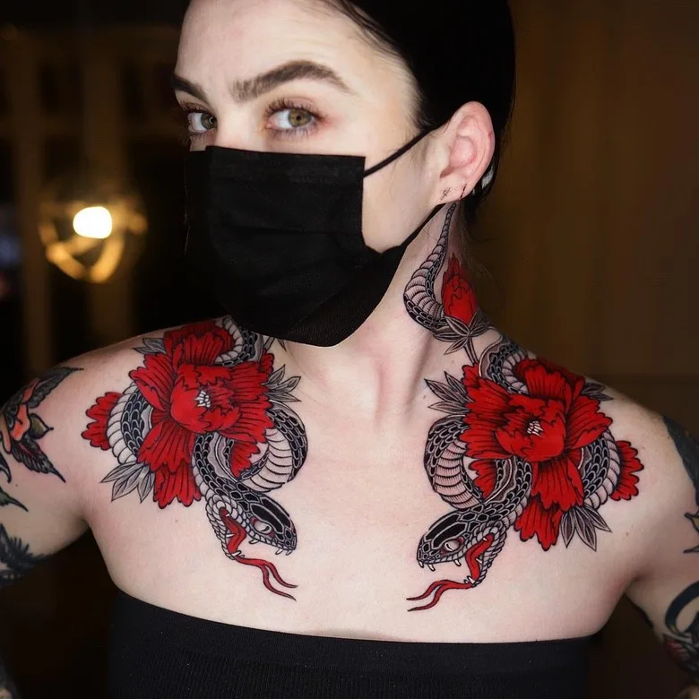 snake and flowers Japanese tattoo by Dino