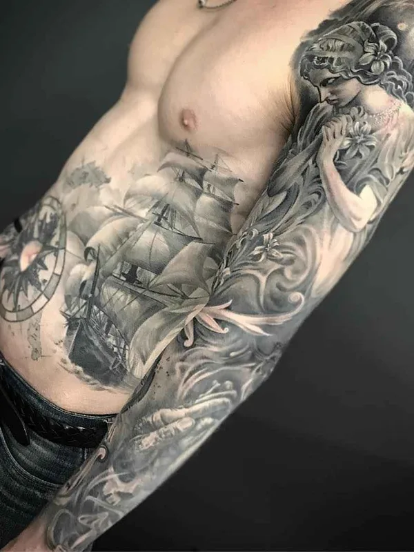 male black and grey realism татуировка на full sleeve #11888 | Тату мастер Дмитрий Щелоков