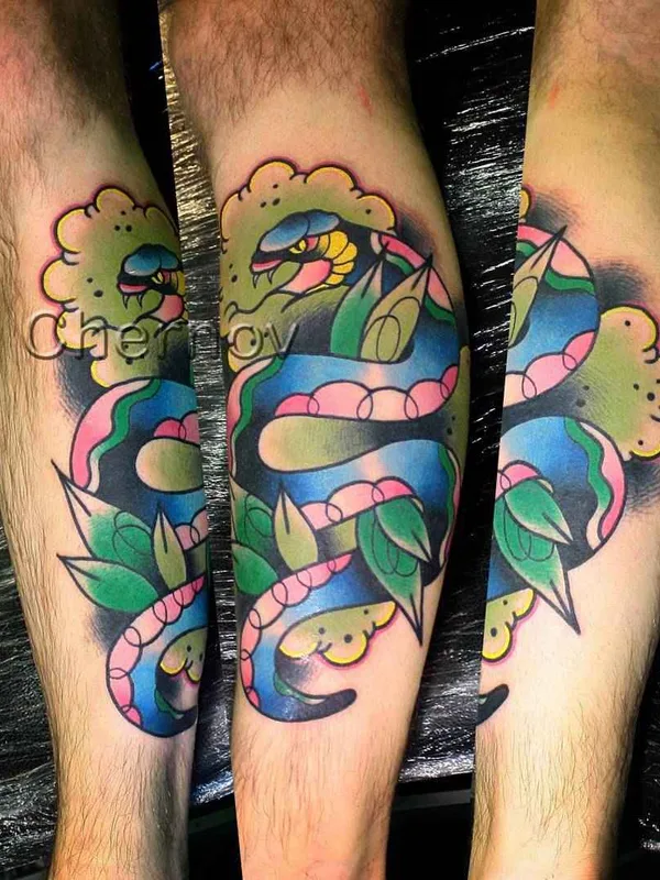 color neo traditional tatouage sur calf #7725 | Artiste tatoueur Дмитрий Чернов