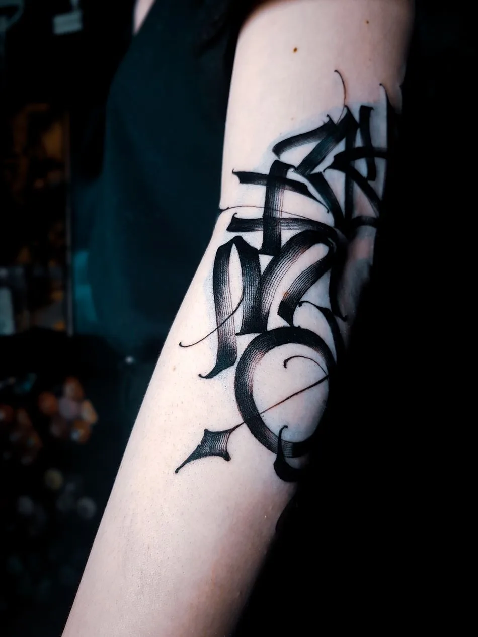 Tattoo artist Igor Klimin, color and black lettering, Calligraphy tattoo, NBK Tattoo Collective | Krasnodar, Russia