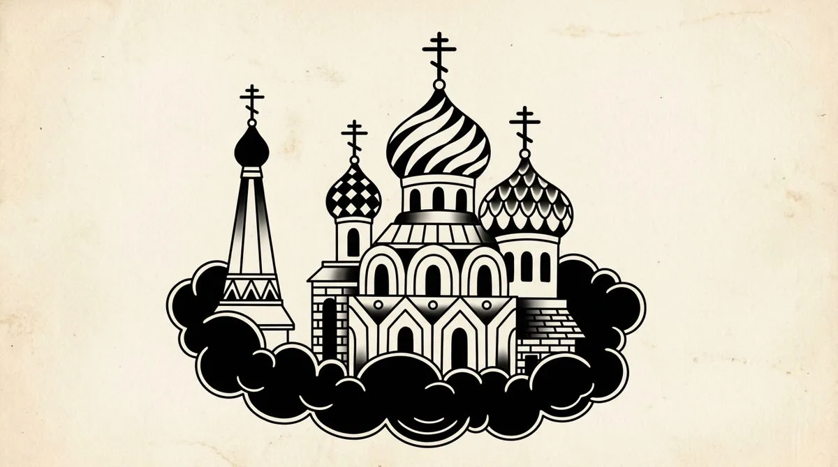 Храм с несколькими куполами и шпилем на облаке, рисунок тушью в манере лагерной татуировки