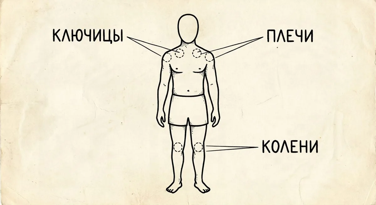 Схема фигуры человека с подписанными местами: ключицы, плечи, колени