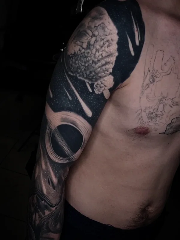 male black and grey blackwork Tatuagem em full sleeve #91440 | Tatuador Рома Ро