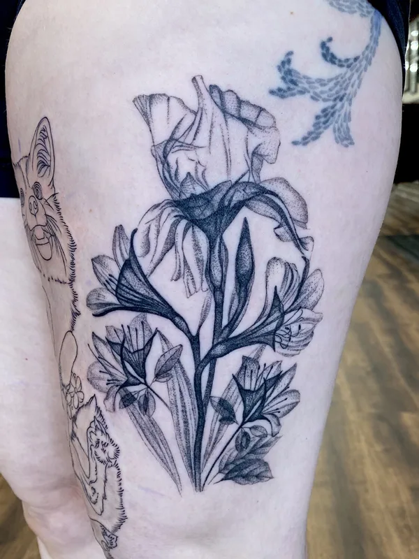 black and grey blackwork татуировка на thigh #99254 | Тату мастер Ruby Gore