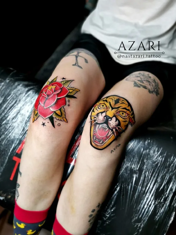 female color oldschool tattoo auf leg #91273 | Tätowierer Анастасия Азари
