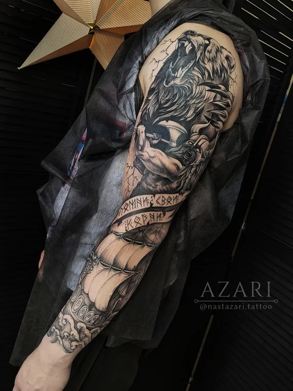 male black graphic tattoo auf sleeve #91275 | Tätowierer Анастасия Азари