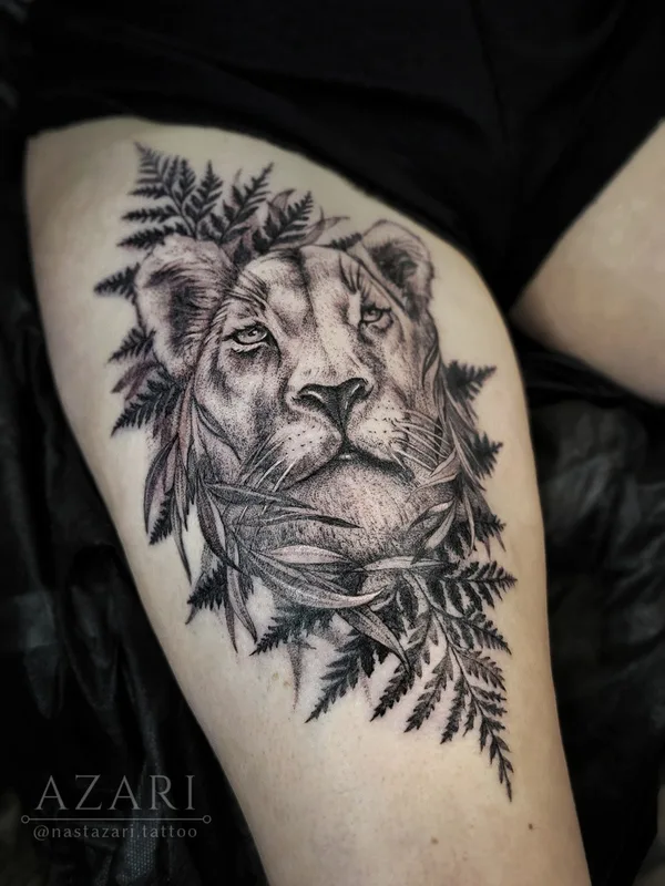 female black whipshading tattoo auf thigh #91276 | Tätowierer Анастасия Азари