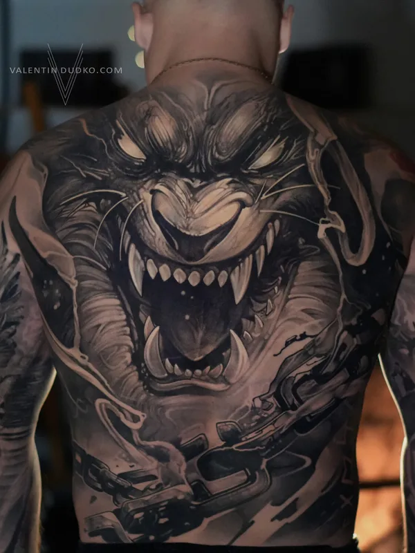 black and grey realism татуировка на full back #93892 | Тату мастер Valentin DUDKO
