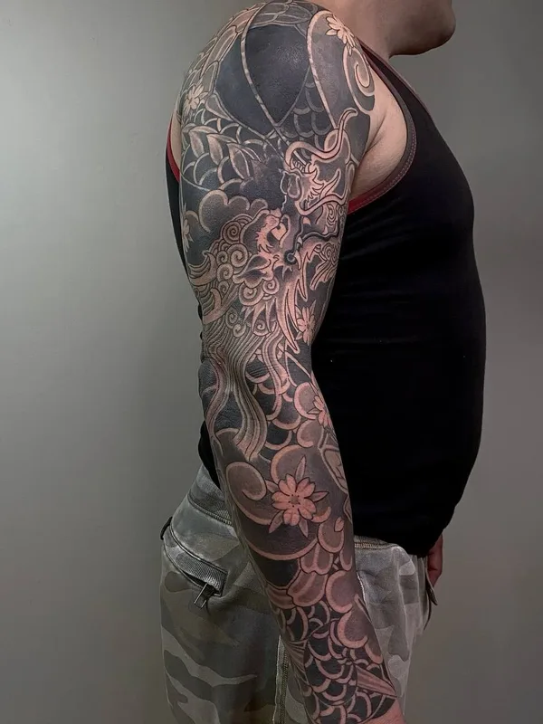 male black japanese tatuaje en sleeve #92169 | Tatuador Иван Шляпников