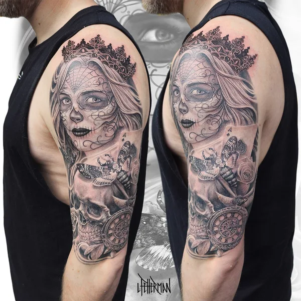 Illustrative tattoo by Loren Fetterman in Todmorden