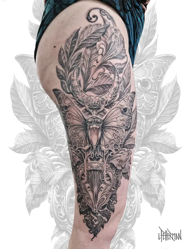 Illustrative tattoo by Loren Fetterman in Todmorden
