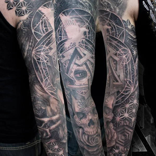 Illustrative tattoo by Loren Fetterman in Todmorden