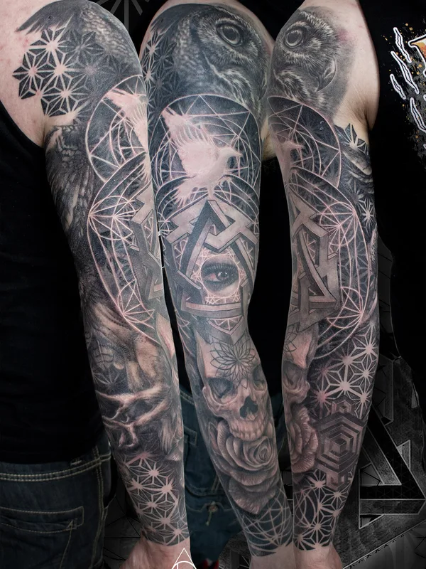 Illustrative tattoo by Loren Fetterman in Todmorden