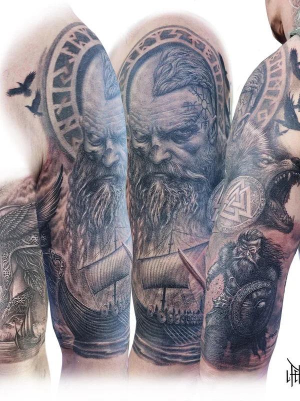 Illustrative tattoo by Loren Fetterman in Todmorden