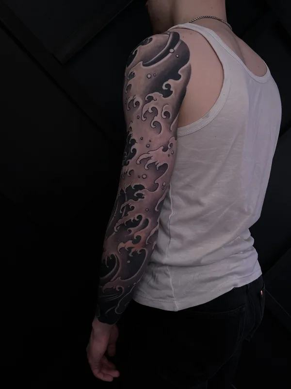 black and grey japanese татуировка на full sleeve #92423 | Тату мастер Gerhard Pomorskiy