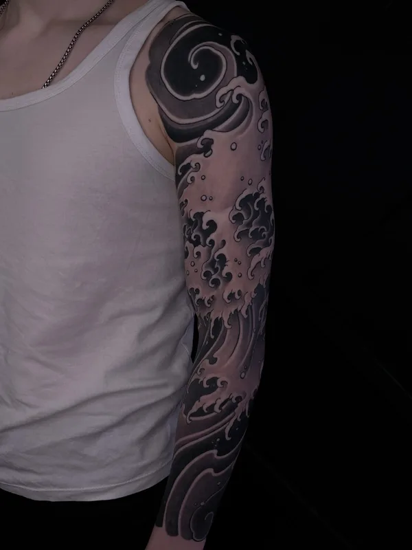 black and grey japanese татуировка на full sleeve #92424 | Тату мастер Gerhard Pomorskiy