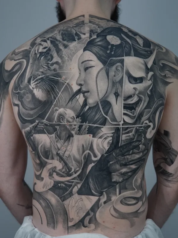 male black and grey japanese tattoo on full back #92746 | Tattoo Artist Lucian Tatar