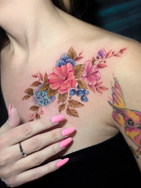 female color watercolor татуировка на collarbone #92813 | Тату мастер Ninel Dmitrieva