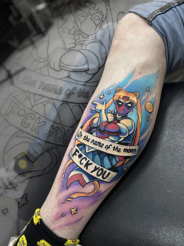 male color oldschool tatuaje en calf #92878 | Tatuador Алиса Лисова
