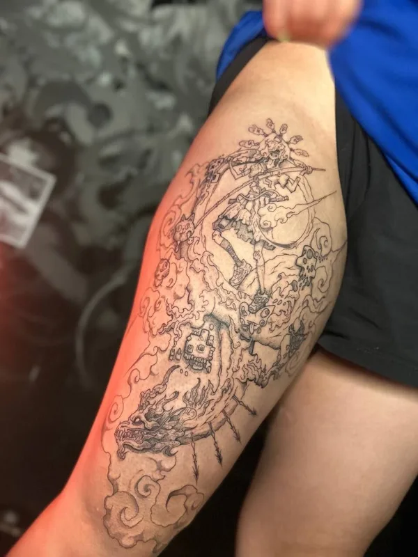 black and grey sketch Tatuaggio su thigh #93149 | Tatuatore SVEPPNIR