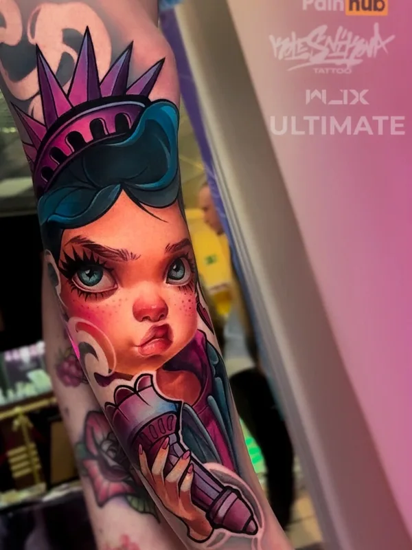 female color authorsstyle tattoo on shin #93507 | Tattoo Artist Юлия Колесникова