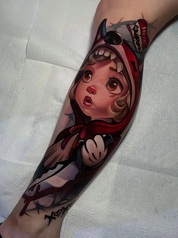 female color authorsstyle tattoo on shin #93513 | Tattoo Artist Юлия Колесникова