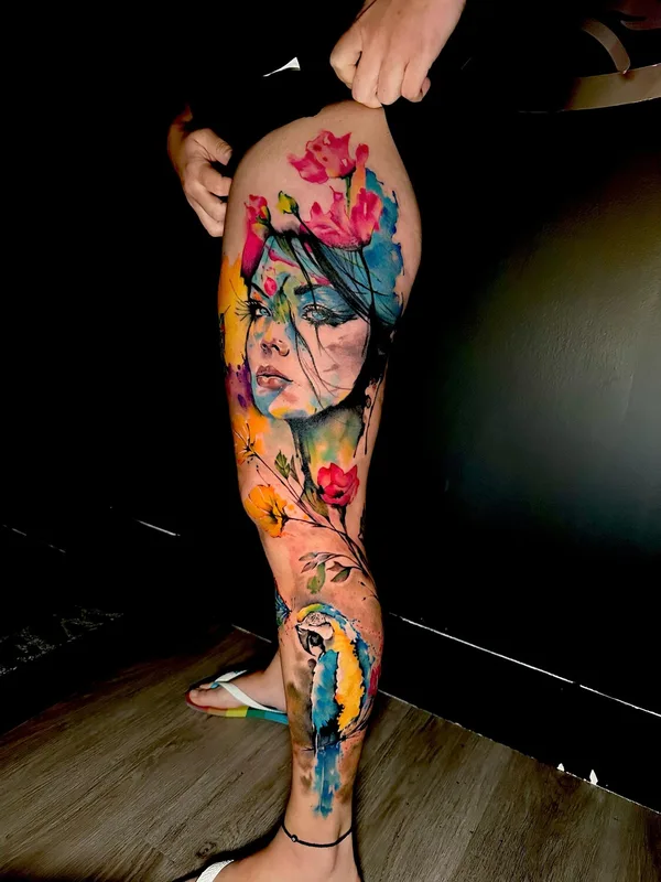 female color watercolor Tatuagem em leg #97470 | Tatuador Neto Tattoo Florida