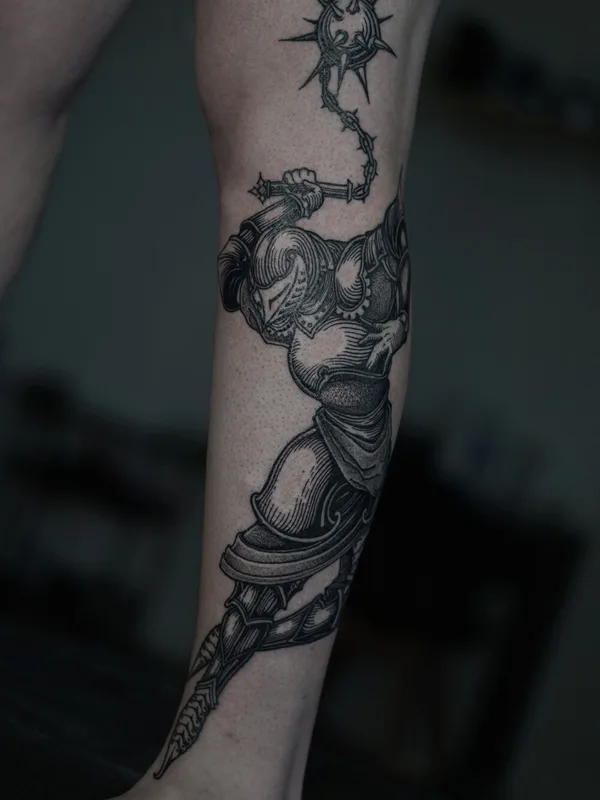 male black engraving Tatuaggio su shin #93702 | Tatuatore Алексей Гурбатов