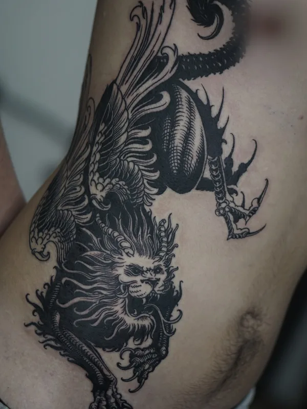 male black engraving Tatuaggio su stomach #93703 | Tatuatore Алексей Гурбатов