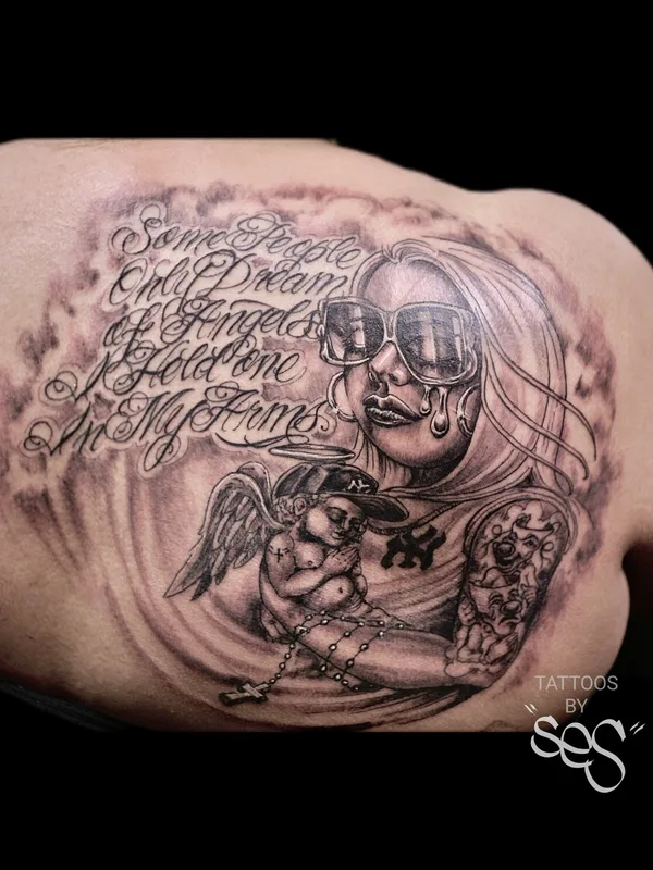 female blackandgrey chicano татуировка на back #94400 | Тату мастер Ses Con