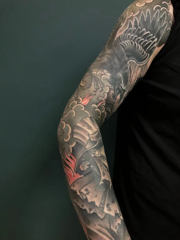 black and grey japanese татуировка на full sleeve #94971 | Тату мастер Сергей Серебров
