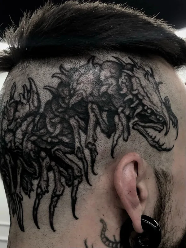 male black blackwork татуировка на back of neck #94974 | Тату мастер Сергей Серебров