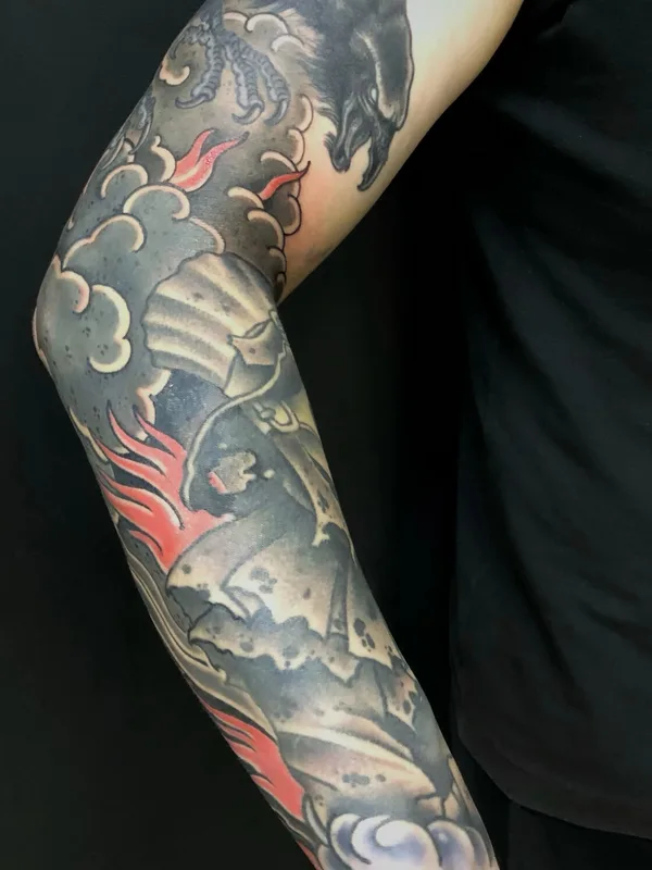 black and grey japanese татуировка на full sleeve #94975 | Тату мастер Сергей Серебров