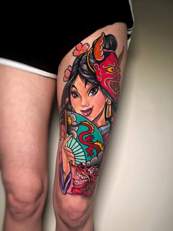 female color neo-traditional tatuaje en thigh #94998 | Tatuador Александра Мурзина
