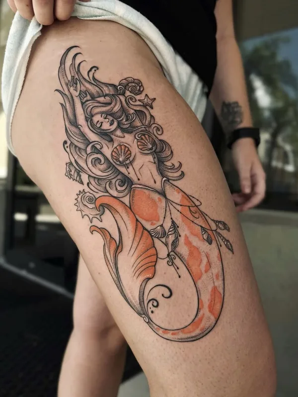 female color illustrative 纹身 在 thigh #95601 | 纹身师 Tonya | inkedwolfie