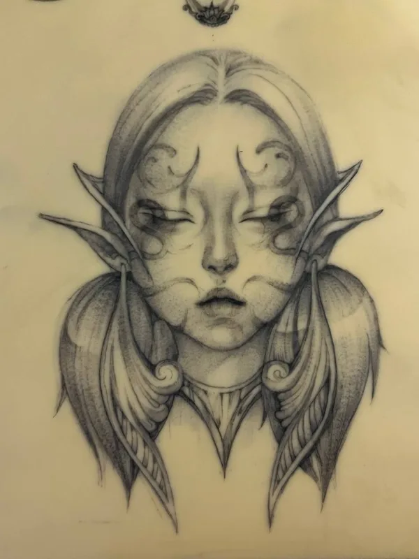 female black and grey sketch tattoo auf back of neck #95177 | Tätowierer Полина Рубина