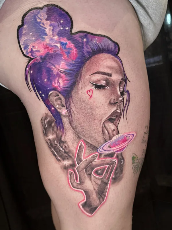 female color realism tattoo on thigh #102059 | Tattoo Artist Ксения Олейник 