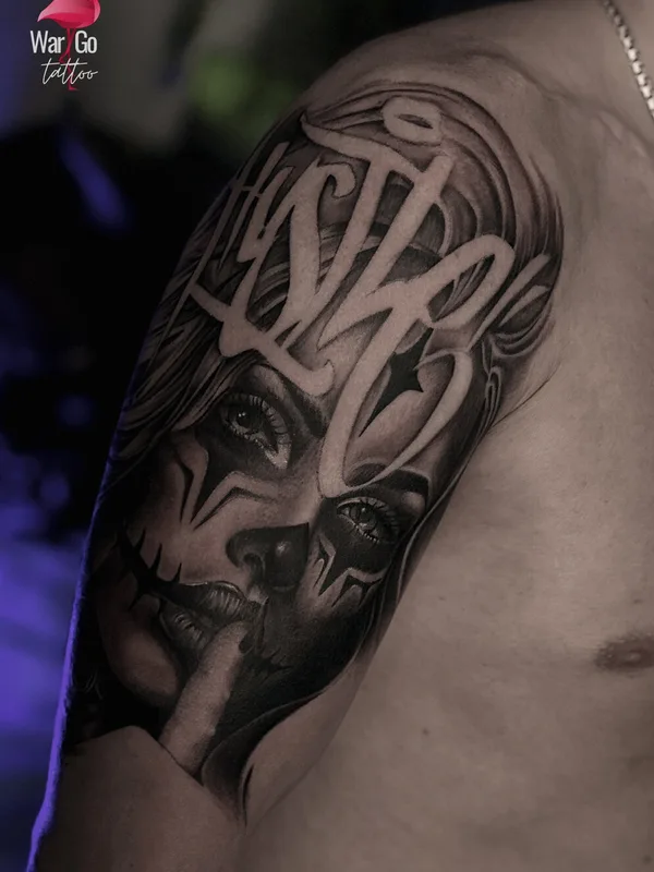 black and grey chicano tatuaje en shoulder #95322 | Tatuador Olesya Wargo