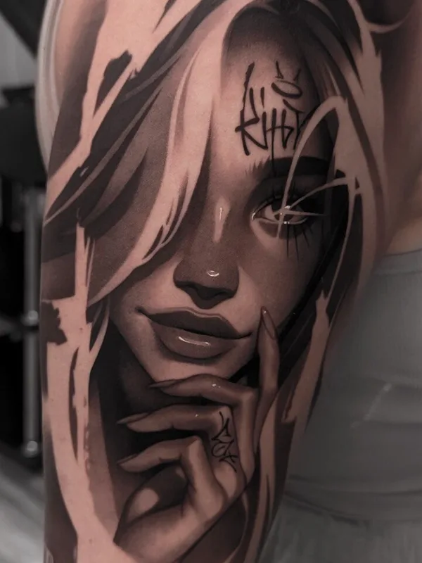 female black and grey realism Tatuaggio su upper arm #95496 | Tatuatore Konstantin Pilipenko